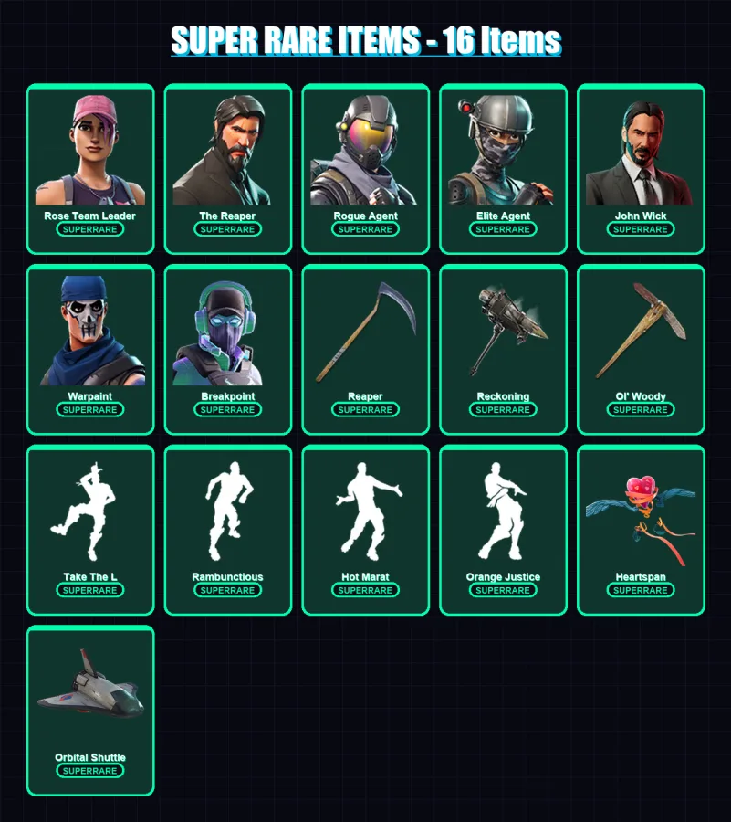 [PC/XBOX] | Rose Team Leader | The Reaper | Rogue Agent | Elite Agent | John Wick | 177 skin | 170 pickaxe | 165 emote | 124 glider | Lv1845