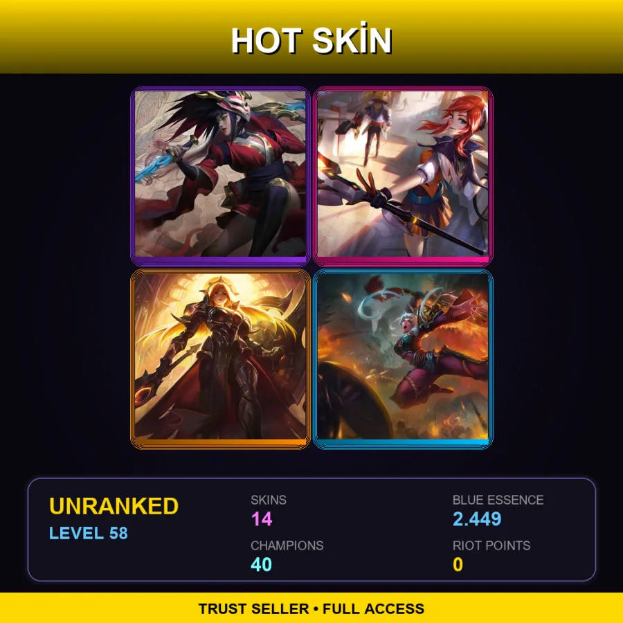 ME | Blood Moon Akali | Battle Academia Lux | Solar Eclipse Leona | Dragonblade Riven | 14 Skin | 40 Champ | Lv58