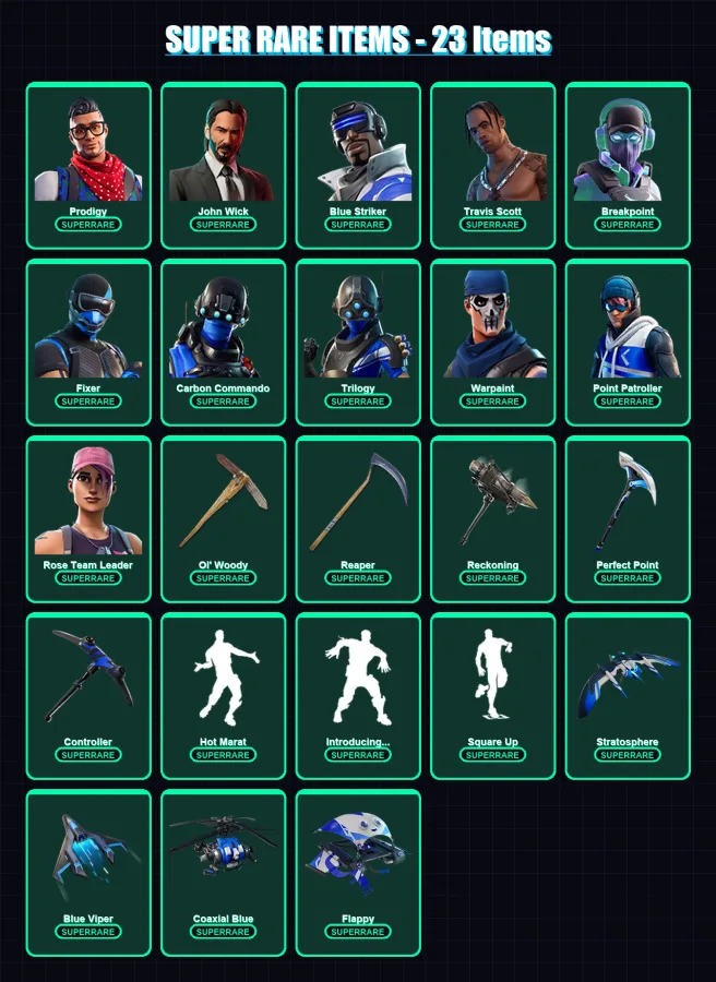 [PC/XBOX/PSN] | Prodigy | John Wick | Blue Striker | Travis Scott | Breakpoint | 183 skin | 115 pickaxe | 175 emote | 100 glider | Lv1388