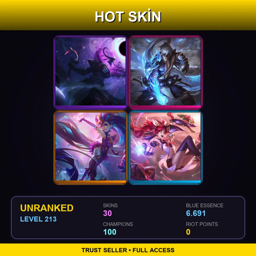 EUW | Lv213 | Unranked | 30 Skin | 100 Champ