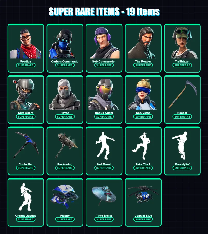 [PC/XBOX] | Prodigy | Carbon Commando | Sub Commander | The Reaper | Trailblazer | 98 skin | 116 pickaxe | 108 emote | 111 glider | Lv1808