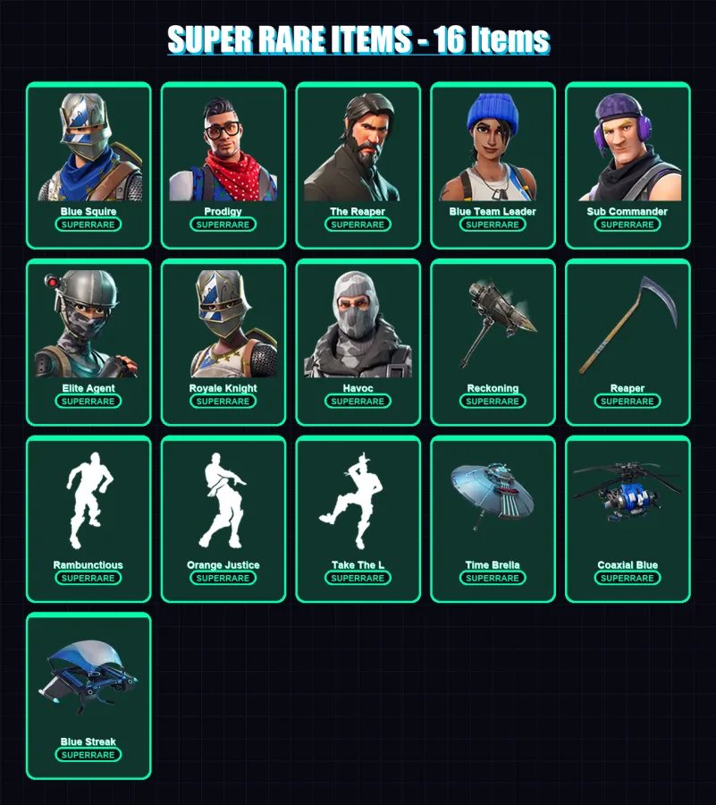 [PC] | Blue Squire | Prodigy | The Reaper | Blue Team Leader | Sub Commander | 120 skin | 69 pickaxe | 109 emote | 76 glider | Lv771