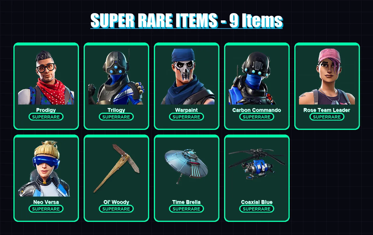 [PC] | Prodigy | Trilogy | Warpaint | Carbon Commando | Rose Team Leader | 63 skin | 95 pickaxe | 83 emote | 78 glider | Lv900 — Fortnite account