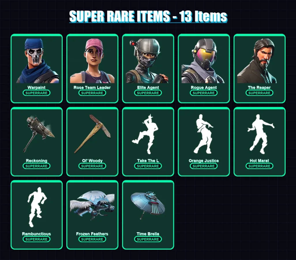 [PS4/PS5/PC] | Warpaint | Rose Team Leader | Elite Agent | Rogue Agent | The Reaper | 88 skin | 85 pickaxe | 95 emote | 87 glider | Lv1317