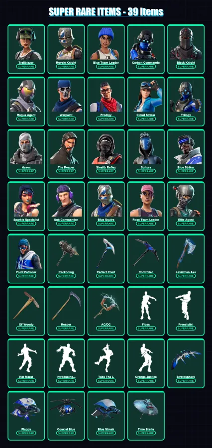 [PC/XBOX] | Trailblazer | Royale Knight | Blue Team Leader | Carbon Commando | Black Knight | 304 skin | 291 pickaxe | 240 emote | 220 glider | Lv29