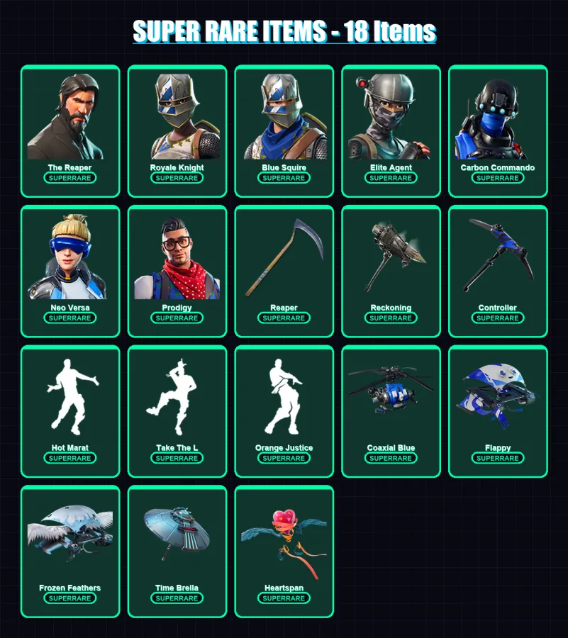 [PC/XBOX] | The Reaper | Royale Knight | Blue Squire | Elite Agent | Carbon Commando | 104 skin | 94 pickaxe | 116 emote | 94 glider | Lv1357