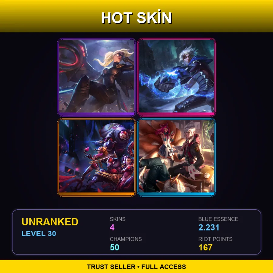 EUW | Lv30 | Unranked | 4 Skin | 50 Champ