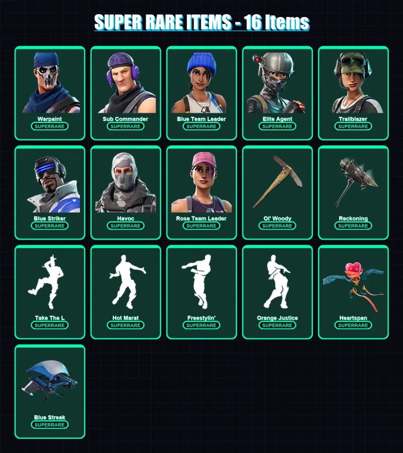 [PS4/PS5/XBOX/PC] | Warpaint | Sub Commander | Blue Team Leader | Elite Agent | Trailblazer | 78 skin | 90 pickaxe | 95 emote | 91 glider | Lv1755