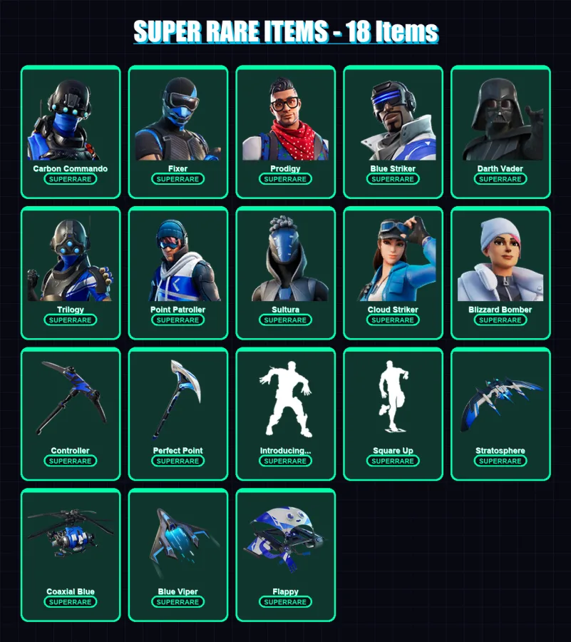 [PS4/PS5/XBOX/PC] | Carbon Commando | Fixer | Prodigy | Blue Striker | Darth Vader | 117 skin | 121 pickaxe | 92 emote | 101 glider | Lv1246