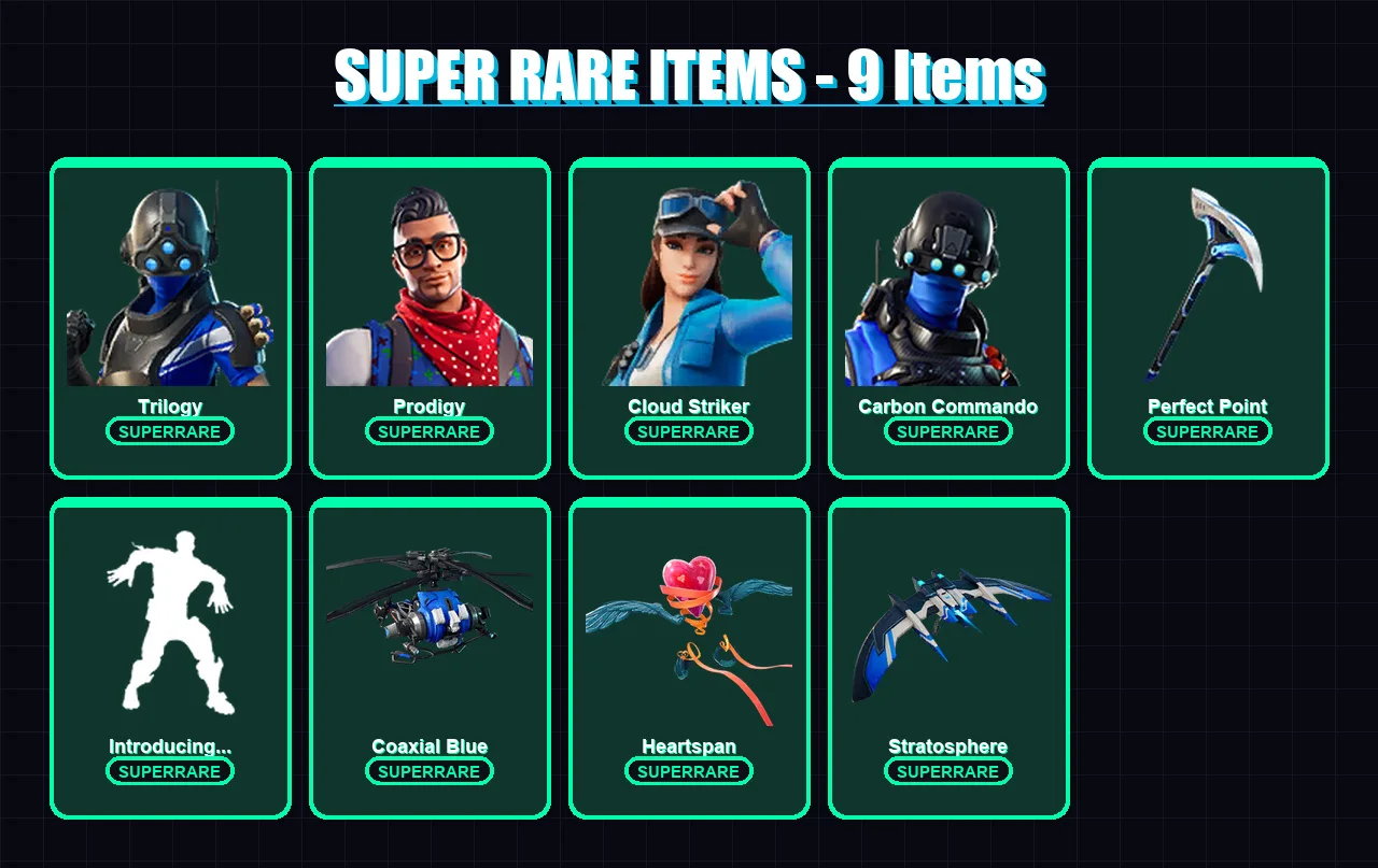 [PC/PSN] | Trilogy | Prodigy | Cloud Striker | Carbon Commando | Backlash | 97 skin | 98 pickaxe | 98 emote | 84 glider | Lv1612