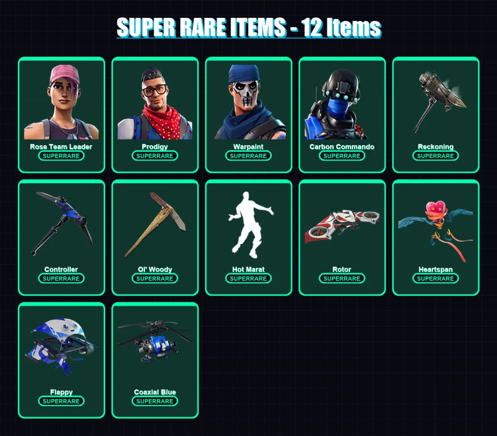 [PC/XBOX] | Rose Team Leader | Prodigy | Warpaint | Carbon Commando | Zenith | 63 skin | 47 pickaxe | 75 emote | 59 glider | Lv584