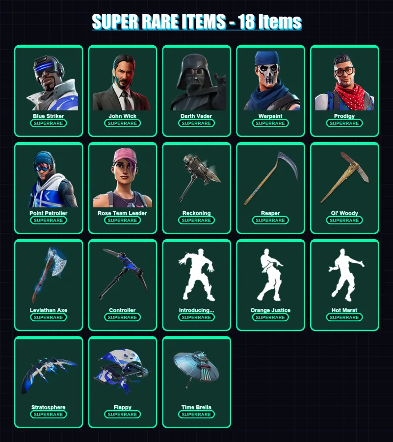 [PC/XBOX/PSN] | Blue Striker | John Wick | Darth Vader | Warpaint | Prodigy | 247 skin | 254 pickaxe | 186 emote | 208 glider | Lv3547