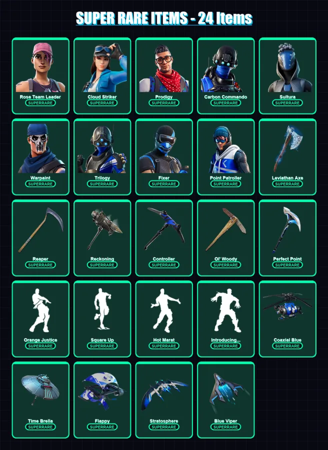 [PC/XBOX/PSN] | Rose Team Leader | Cloud Striker | Prodigy | Carbon Commando | Sultura | 132 skin | 133 pickaxe | 113 emote | 93 glider | Lv1112