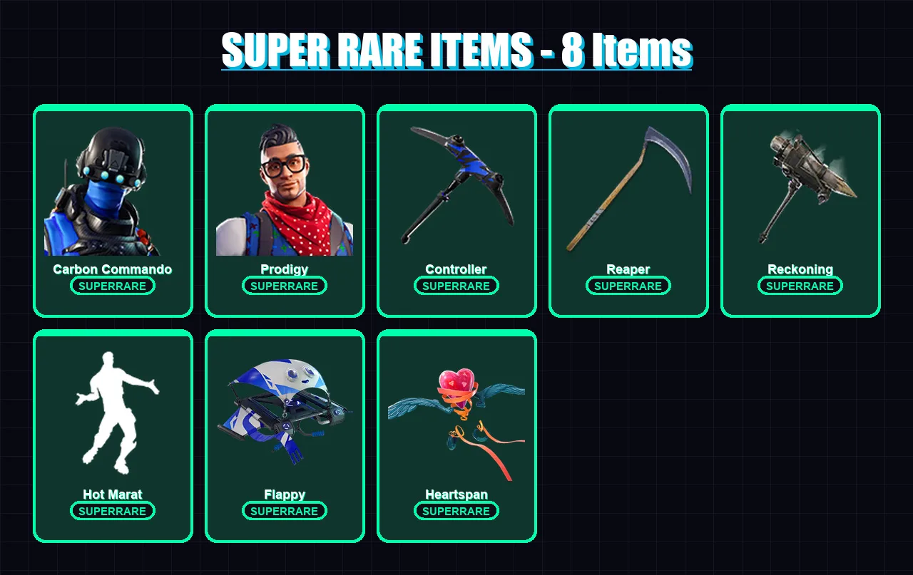 [PS4/PS5/XBOX/PC] | Carbon Commando | Prodigy | Dire | Lynx | Rex | 48 skin | 24 pickaxe | 47 emote | 33 glider | Lv363