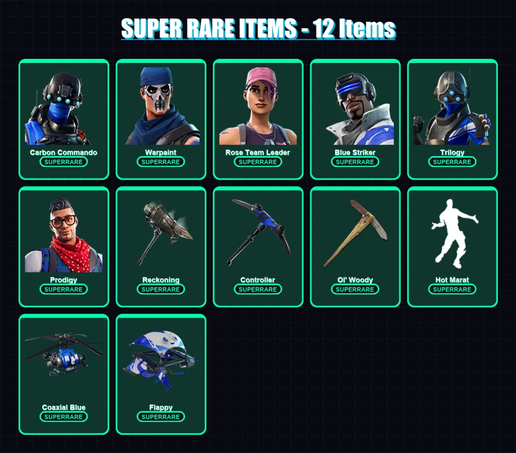 [PC/XBOX/PSN] | Carbon Commando | Warpaint | Rose Team Leader | Blue Striker | Trilogy | 22 skin | 27 pickaxe | 32 emote | 35 glider | Lv282