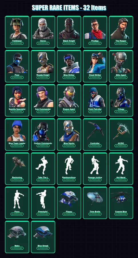 [PS4/PS5/XBOX/PC] | Trailblazer | Havoc | Black Knight | Prodigy | The Reaper | 90 skin | 87 pickaxe | 89 emote | 86 glider | Lv1194