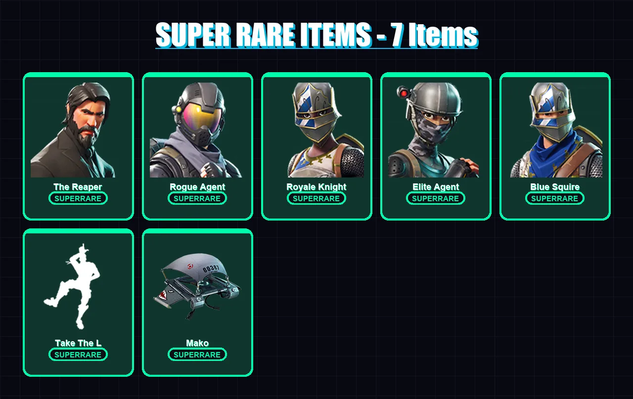 [PS4/PS5/XBOX/PC] | The Reaper | Rogue Agent | Royale Knight | Elite Agent | Blue Squire | 16 skin | 21 pickaxe | 22 emote | 27 glider | Lv355