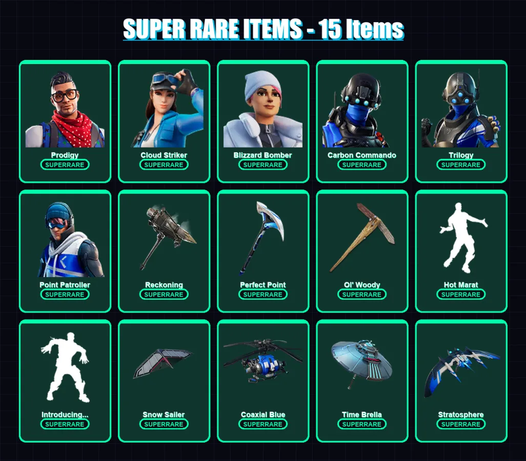 [PS4/PS5/XBOX/PC] | Prodigy | Cloud Striker | Blizzard Bomber | Carbon Commando | Trilogy | 152 skin | 190 pickaxe | 157 emote | 174 glider | Lv2536
