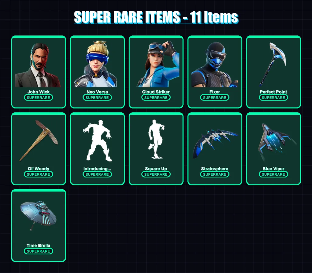 [PS4/PS5/XBOX/PC] | John Wick | Neo Versa | Cloud Striker | Fixer | Catalyst | 123 skin | 142 pickaxe | 119 emote | 124 glider | Lv1844