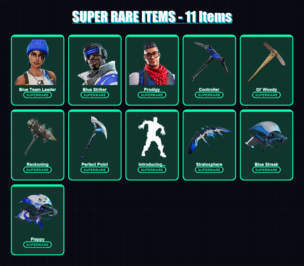 [PC/XBOX/PSN] | Blue Team Leader | Blue Striker | Prodigy | Calamity | Fade | 18 skin | 30 pickaxe | 33 emote | 32 glider | Lv605 — Fortnite account