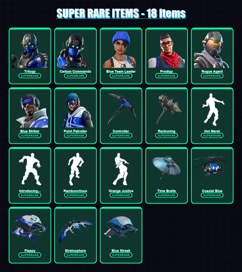 [PS4/PS5/XBOX/PC] | Trilogy | Carbon Commando | Blue Team Leader | Prodigy | Rogue Agent | 64 skin | 52 pickaxe | 66 emote | 72 glider | Lv1065