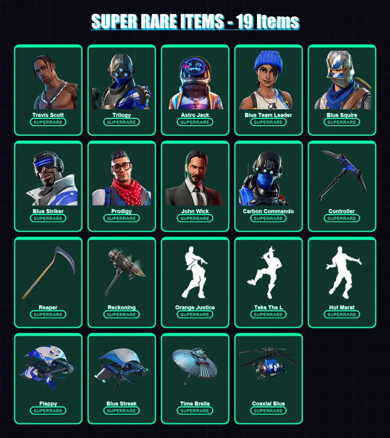 [PC/XBOX] | Travis Scott | Trilogy | Astro Jack | Blue Team Leader | Blue Squire | 137 skin | 124 pickaxe | 105 emote | 118 glider | Lv1838
