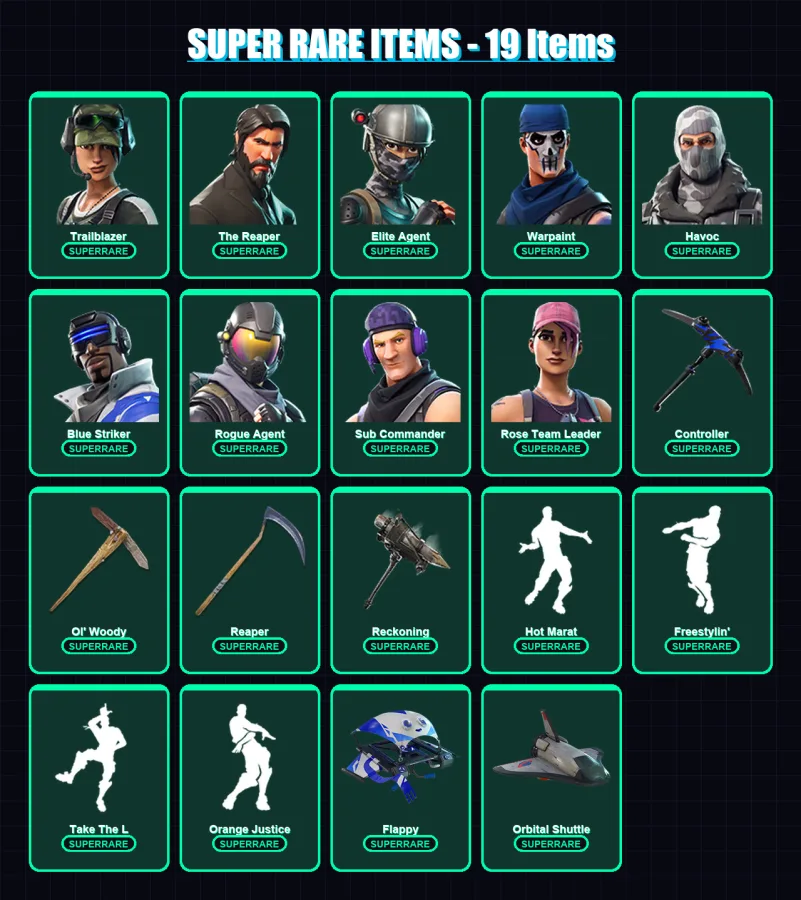 [PC/XBOX/PSN] | Trailblazer | The Reaper | Elite Agent | Warpaint | Havoc | 57 skin | 38 pickaxe | 55 emote | 39 glider | Lv596