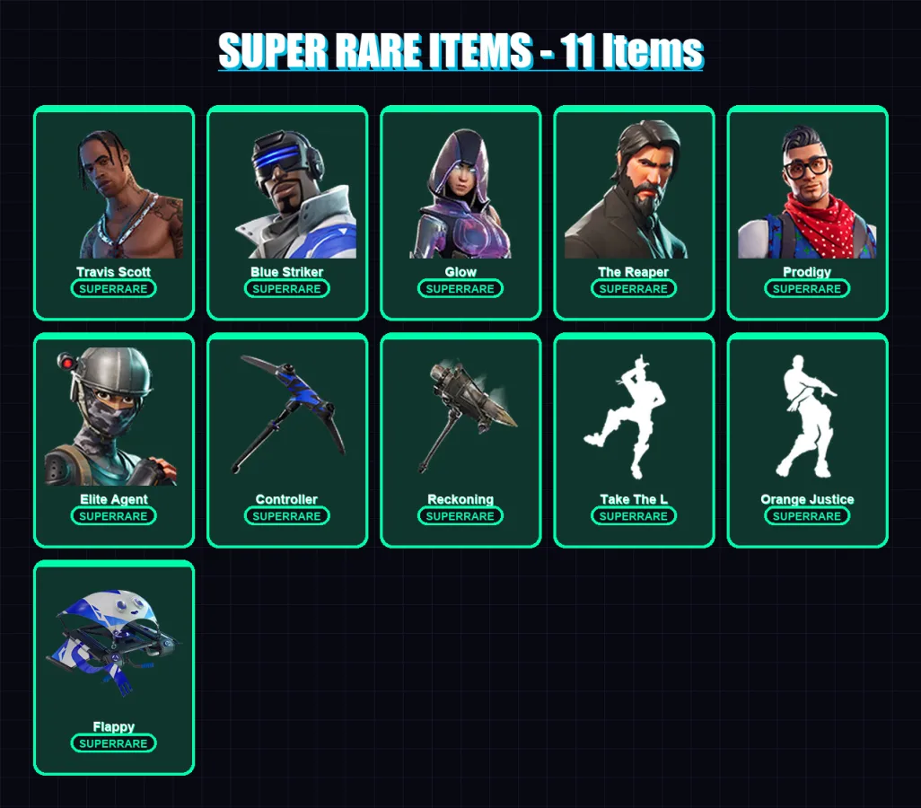 [PC/XBOX] | Travis Scott | Blue Striker | Glow | The Reaper | Prodigy | 104 skin | 74 pickaxe | 86 emote | 78 glider | Lv1148