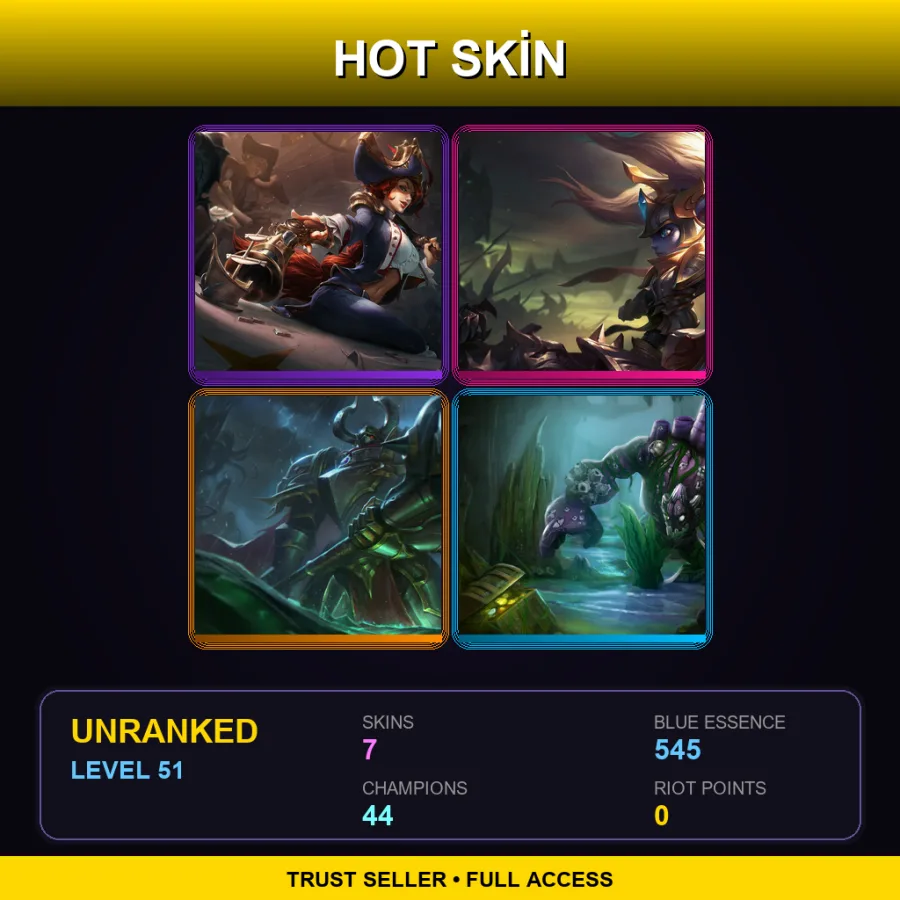 EUW | Waterloo Miss Fortune | Battle Regalia Poppy | Lord Mordekaiser | Coral Reef Malphite | 7 Skin | 44 Champ | Lv51