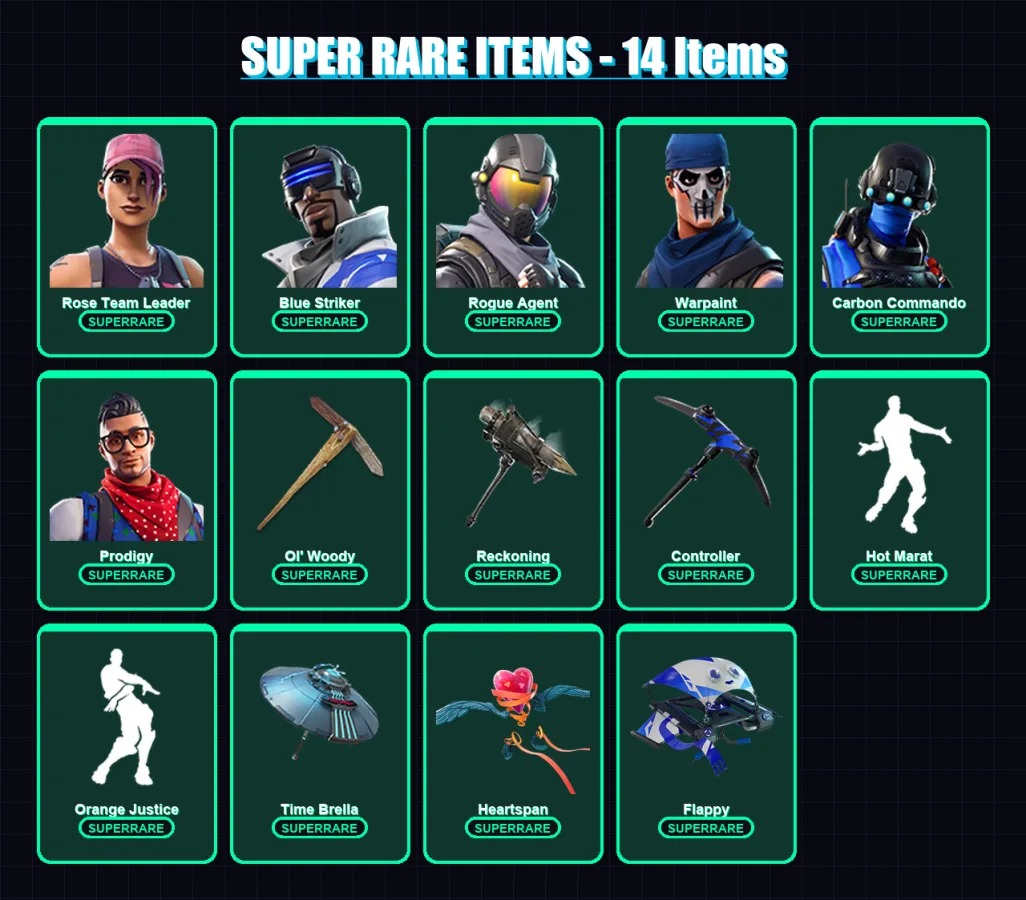 [PC/XBOX] | Rose Team Leader | Blue Striker | Rogue Agent | Warpaint | Carbon Commando | 138 skin | 130 pickaxe | 125 emote | 123 glider | Lv1616