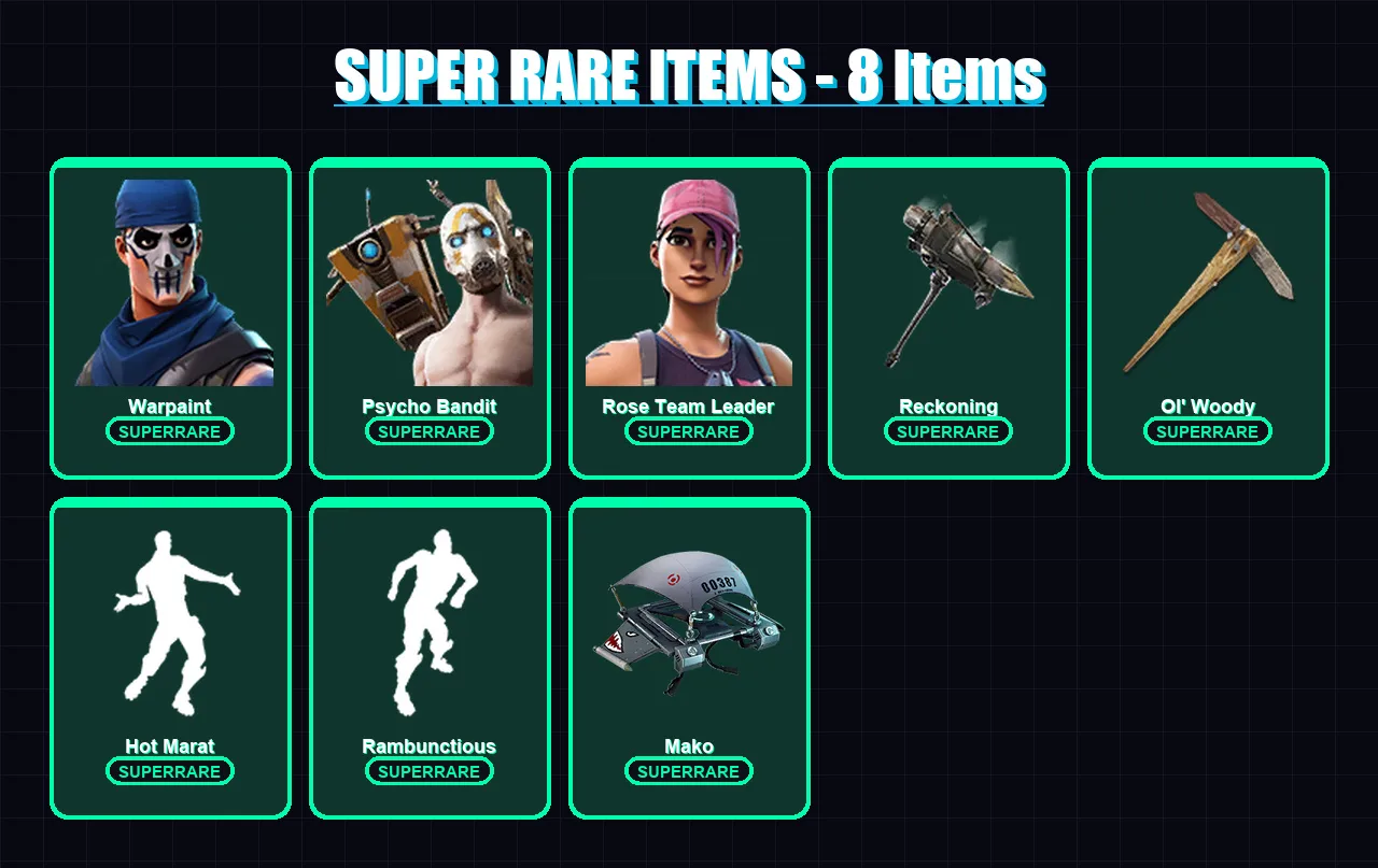 [PC] | Warpaint | Psycho Bandit | Rose Team Leader | Ragnarok | Calamity | 24 skin | 31 pickaxe | 42 emote | 40 glider | Lv671
