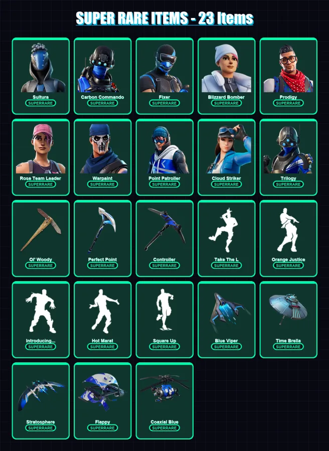 [PS4/PS5/XBOX/PC] | Sultura | Carbon Commando | Fixer | Blizzard Bomber | Prodigy | 142 skin | 160 pickaxe | 139 emote | 147 glider | Lv2010