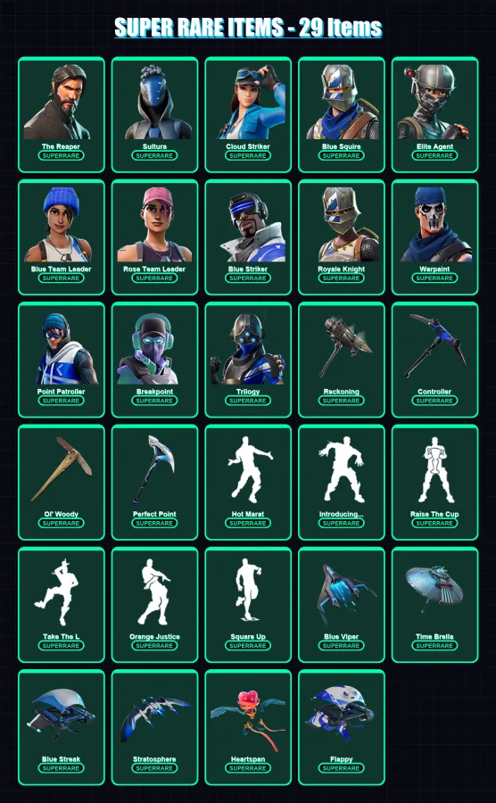 [PC] | The Reaper | Sultura | Cloud Striker | Blue Squire | Elite Agent | 124 skin | 115 pickaxe | 142 emote | 128 glider | Lv1894 — Game account