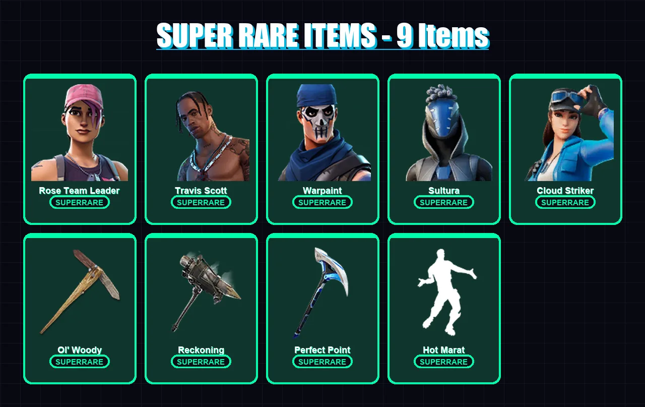 [PC/XBOX/PSN] | Rose Team Leader | Travis Scott | Warpaint | Sultura | Cloud Striker | 122 skin | 121 pickaxe | 101 emote | 104 glider | Lv1528