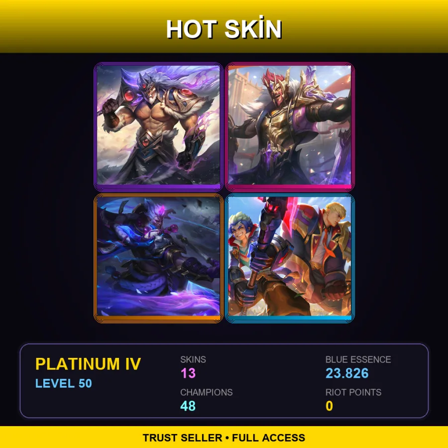 EUW | Victorious Tryndamere | Victorious Draven | Spirit Blossom Darius | Battle Academia Garen | 13 Skin | 48 Champ | Platinum IV | Lv50