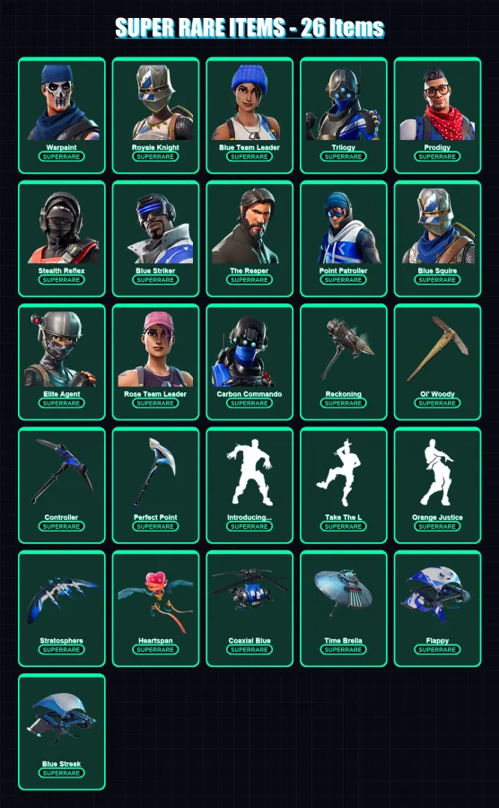 [PC/XBOX] | Warpaint | Royale Knight | Blue Team Leader | Trilogy | Prodigy | 91 skin | 85 pickaxe | 74 emote | 94 glider | Lv951