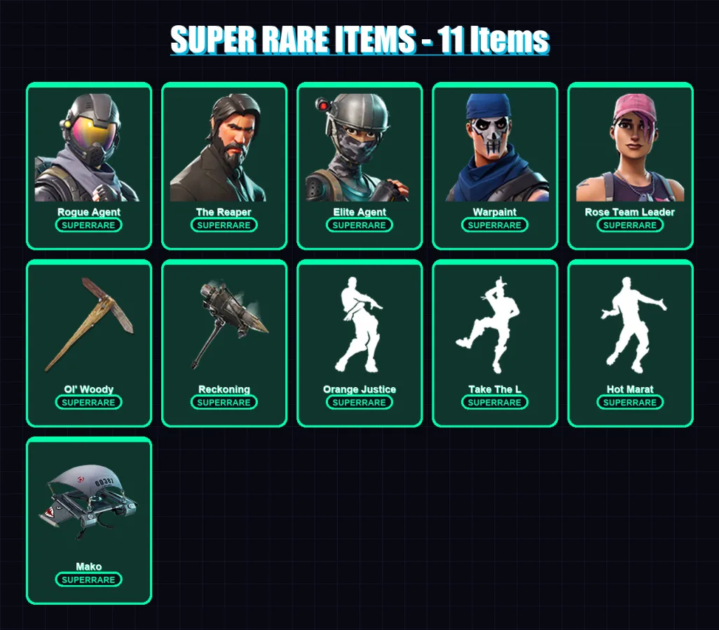 [PC] | Rogue Agent | The Reaper | Elite Agent | Warpaint | Rose Team Leader | 93 skin | 67 pickaxe | 87 emote | 83 glider | Lv1035 — Fortnite account