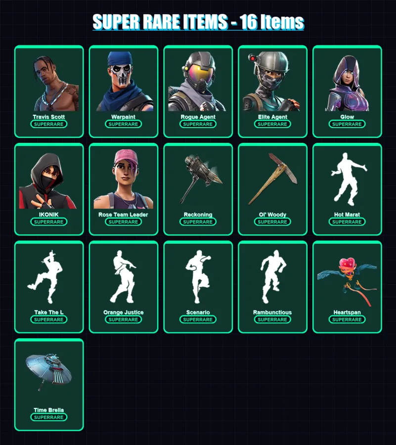 [PC] | Travis Scott | Warpaint | Rogue Agent | Elite Agent | Glow | 173 skin | 131 pickaxe | 135 emote | 137 glider | Lv1853