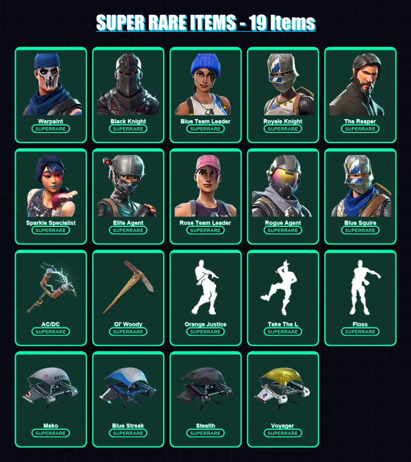 [PC/XBOX] | Warpaint | Black Knight | Blue Team Leader | Royale Knight | The Reaper | 34 skin | 22 pickaxe | 25 emote | 30 glider | Lv267