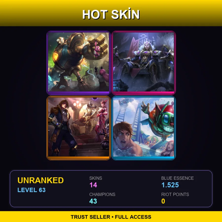 EUW | Lv63 | Unranked | 14 Skin | 43 Champ — LoL account