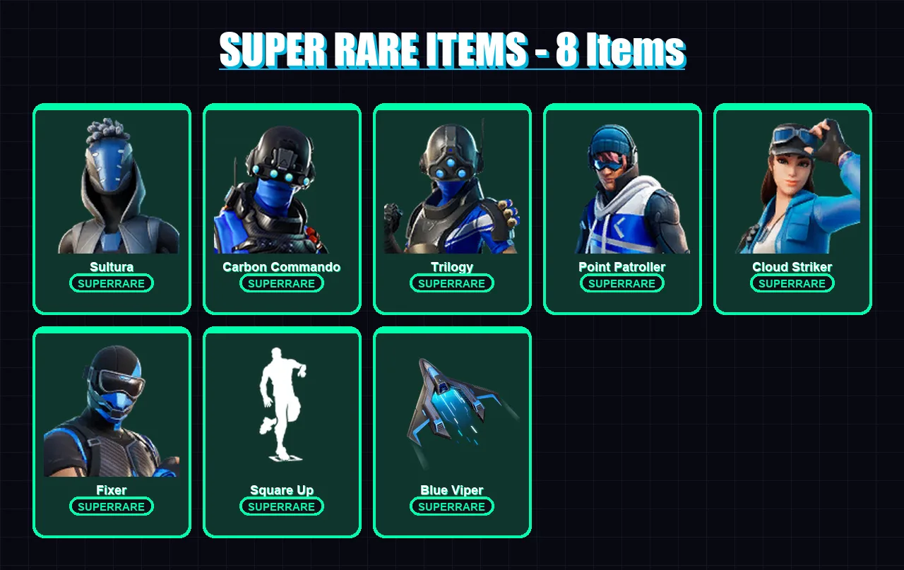 [PC] | Sultura | Carbon Commando | Trilogy | Point Patroller | Cloud Striker | 43 skin | 32 pickaxe | 16 emote | 24 glider | Lv201 — Fortnite account