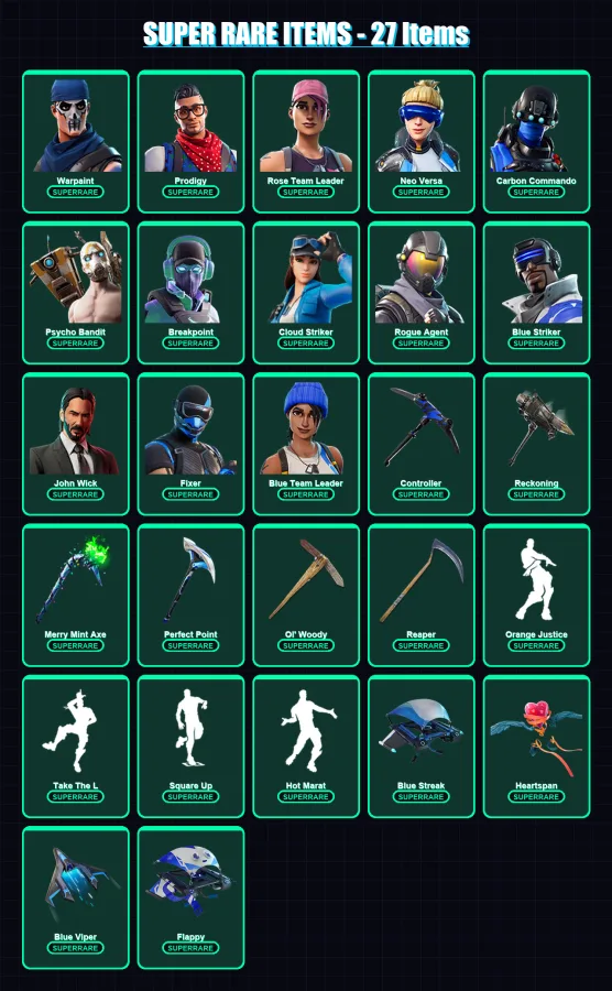 [PS4/PS5/XBOX/PC] | Warpaint | Prodigy | Rose Team Leader | Neo Versa | Carbon Commando | 188 skin | 119 pickaxe | 155 emote | 106 glider | Lv1053