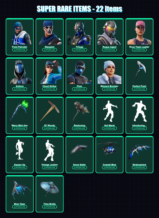 [PS4/PS5/PC] | Point Patroller | Warpaint | Trilogy | Rogue Agent | Rose Team Leader | 200 skin | 240 pickaxe | 189 emote | 186 glider | Lv3605 — Fortnite account