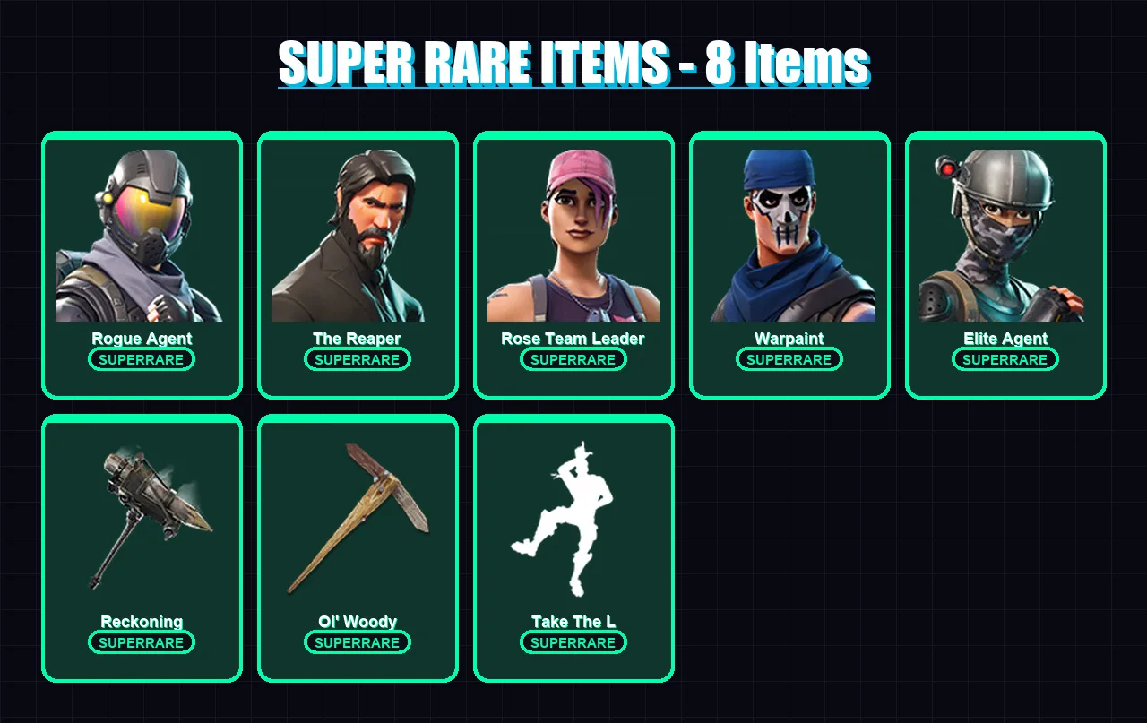 [PC/XBOX/PSN] | Rogue Agent | The Reaper | Rose Team Leader | Warpaint | Elite Agent | 29 skin | 44 pickaxe | 32 emote | 39 glider | Lv383