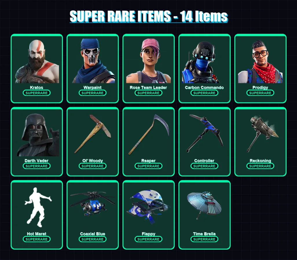 [PS4/PS5/XBOX/PC] | Kratos | Warpaint | Rose Team Leader | Carbon Commando | Prodigy | 124 skin | 114 pickaxe | 93 emote | 100 glider | Lv1487