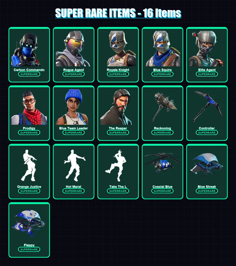 [PS4/PS5/XBOX/PC] | Carbon Commando | Rogue Agent | Royale Knight | Blue Squire | Elite Agent | 52 skin | 28 pickaxe | 54 emote | 40 glider | Lv646