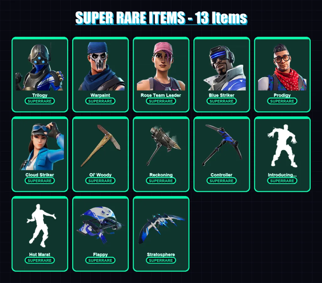 [PC/XBOX/PSN] | Trilogy | Warpaint | Rose Team Leader | Blue Striker | Prodigy | 76 skin | 74 pickaxe | 79 emote | 79 glider | Lv1056