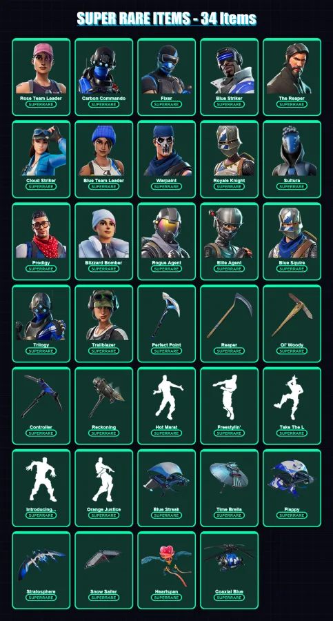 [PS4/PS5/XBOX/PC] | Rose Team Leader | Carbon Commando | Fixer | Blue Striker | The Reaper | 132 skin | 168 pickaxe | 151 emote | 157 glider | Lv219