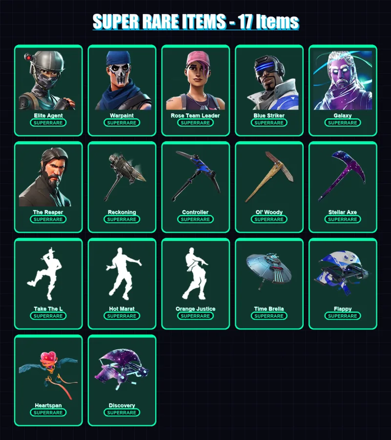 [PC/XBOX] | Elite Agent | Warpaint | Rose Team Leader | Blue Striker | Galaxy | 123 skin | 125 pickaxe | 100 emote | 106 glider | Lv1761