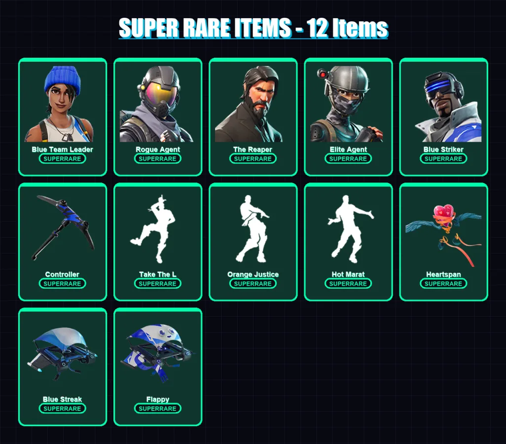 [PS4/PS5/XBOX/PC] | Blue Team Leader | Rogue Agent | The Reaper | Elite Agent | Blue Striker | 29 skin | 34 pickaxe | 41 emote | 46 glider | Lv793
